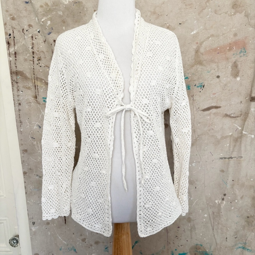 Vintage Boho Crochet Knit Tie Front Cardigan Top Uniform by John Paul Richard